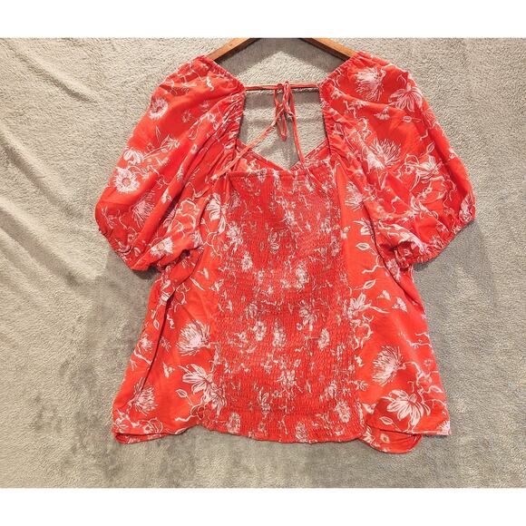 Ava & Viv Womens Orange Pink Floral Smocked Puff Sleeve Blouse Size 3X Beach - Picture 4 of 10